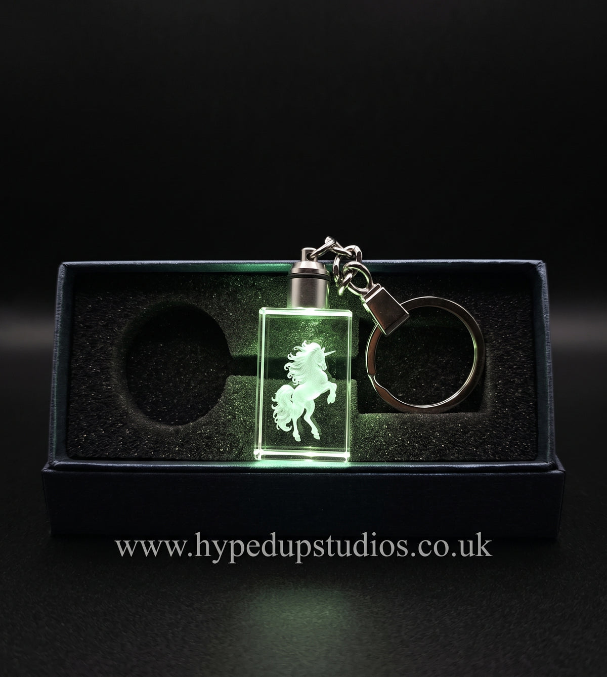 LED Light Crystal keychain, With a Unicorn  Engraving