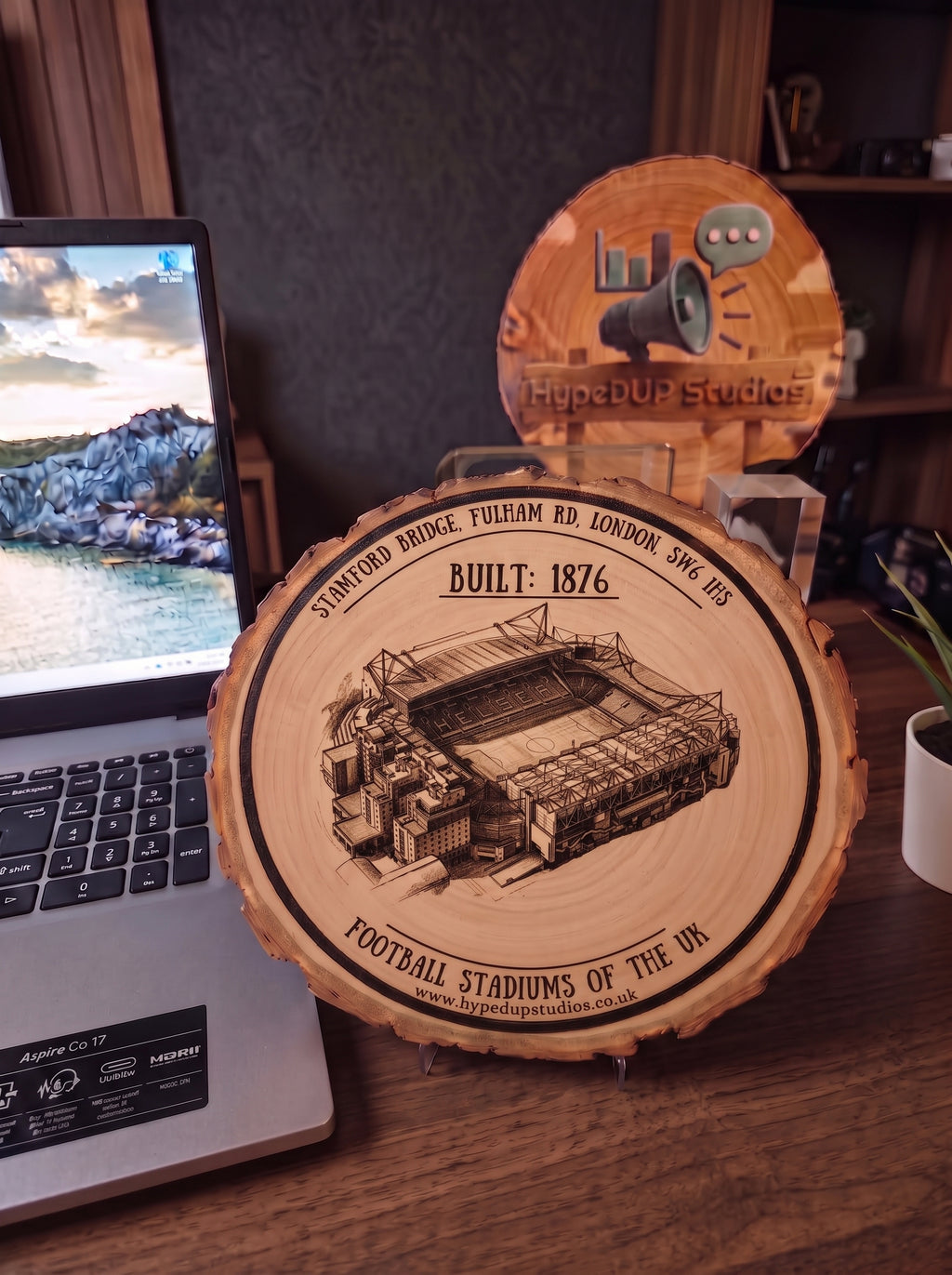 Log Slice Football Stadium (Stamford Bridge) Home & Office Decor. 15cm diameter