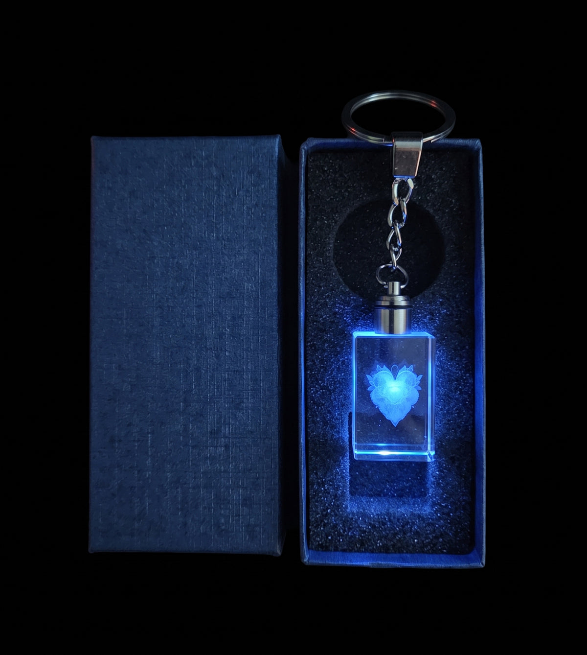 LED Light Crystal keychain, With a Rose Engraving.