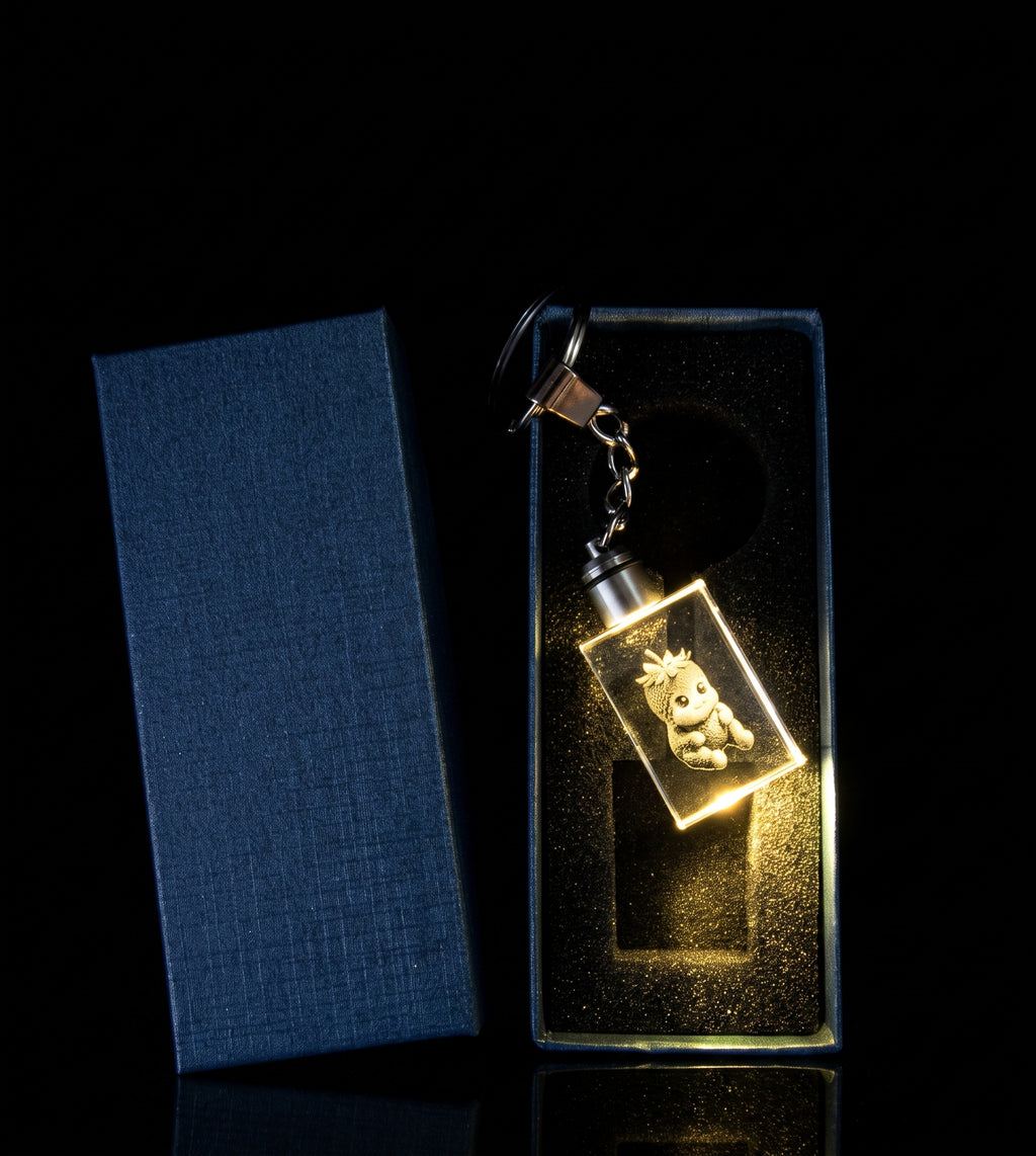 LED Light Crystal keychain, With a Strawberry Fruit Baby Engraving.