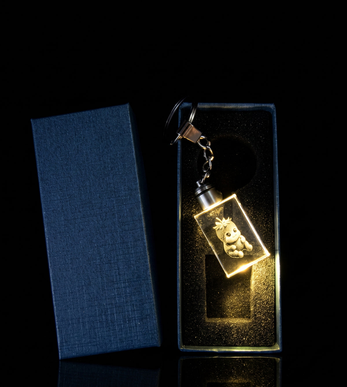 LED Light Crystal keychain, With a Strawberry Fruit Baby Engraving.