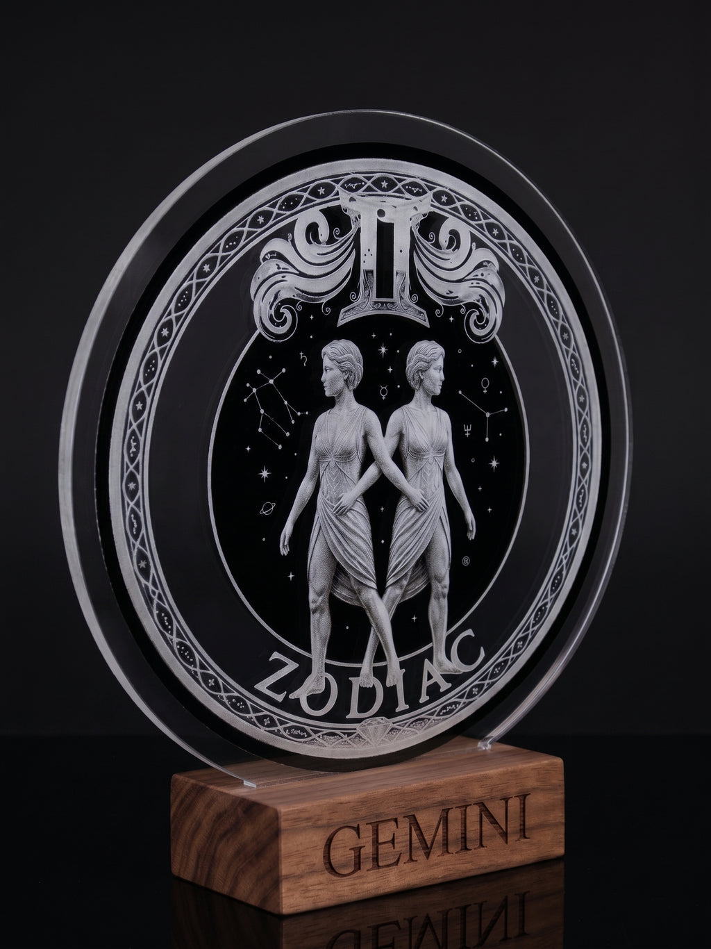 Gemini Acrylic Desktop Decor With Wood Base