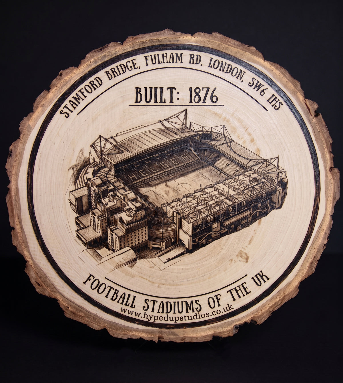 Log Slice Football Stadium (Stamford Bridge) Home & Office Decor. 15cm diameter