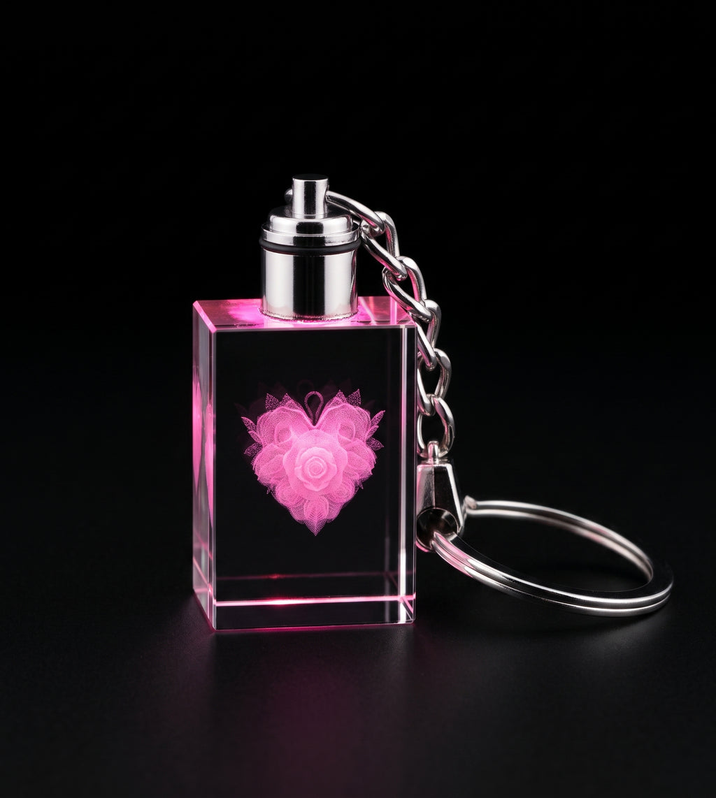LED Light Crystal keychain, With a Rose Engraving.