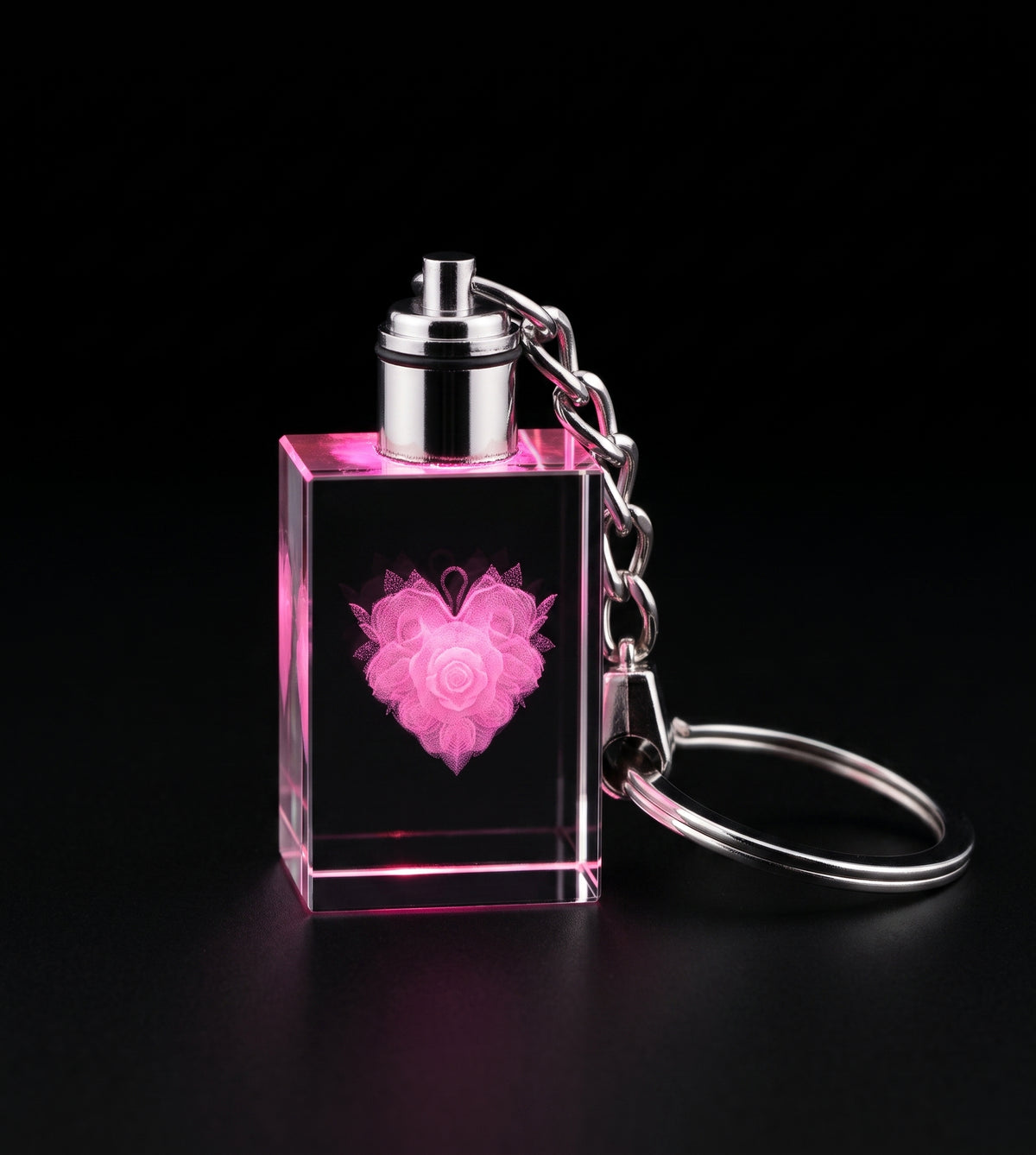LED Light Crystal keychain, With a Rose Engraving.