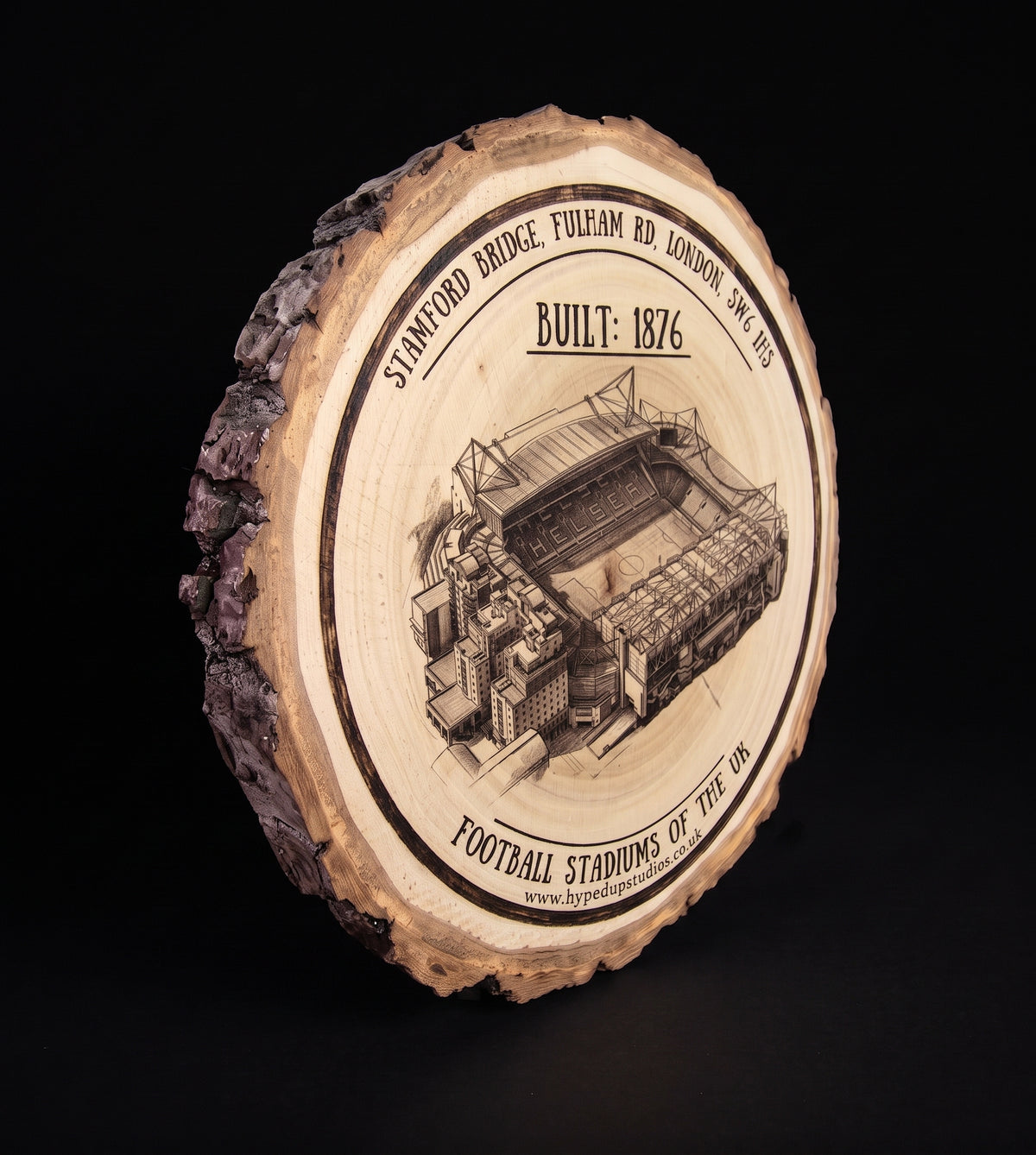Log Slice Football Stadium (Stamford Bridge) Home & Office Decor. 15cm diameter