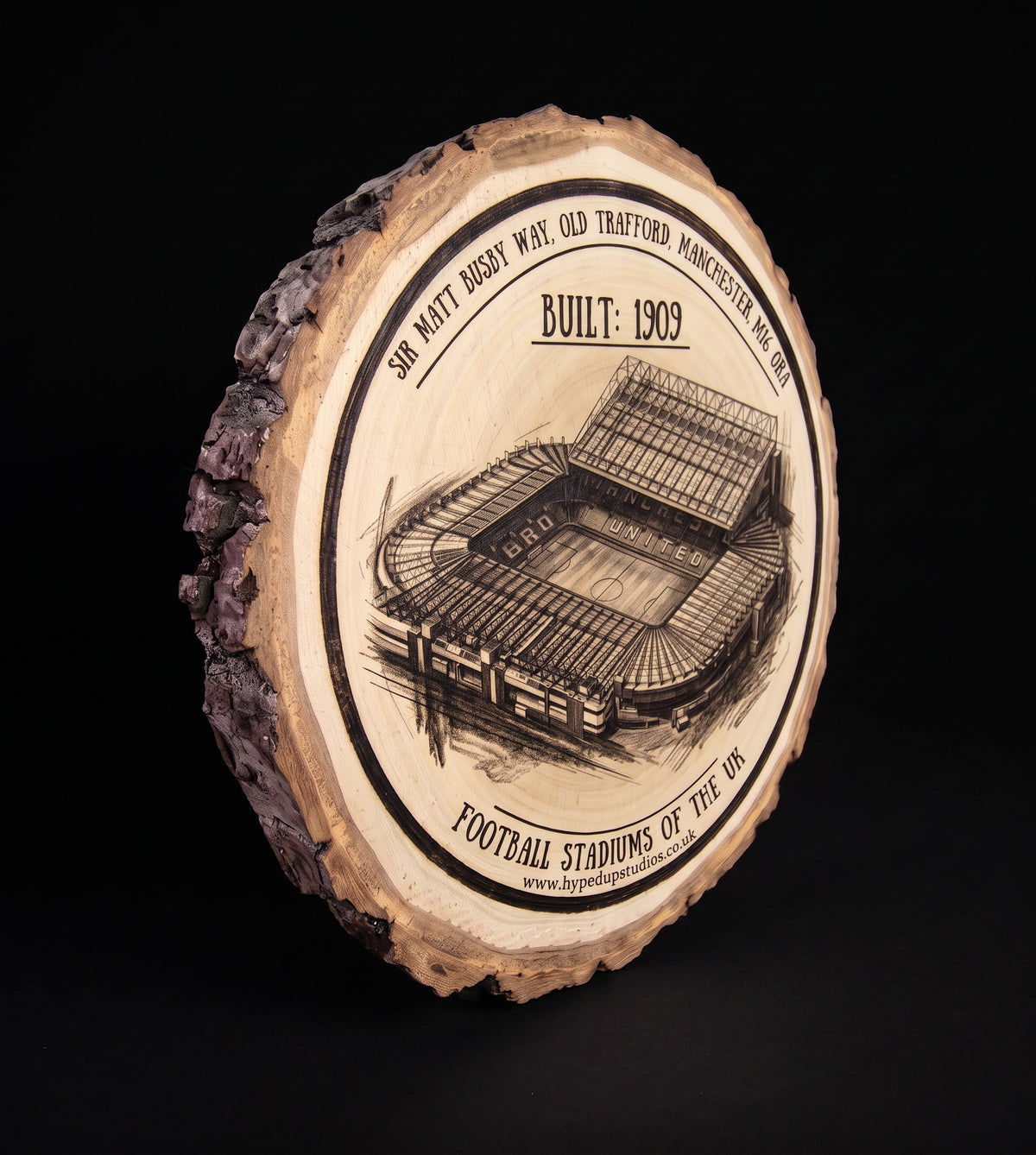 Log Slice Football Stadium (Old Trafford) Home & Office Decor. 15cm diameter