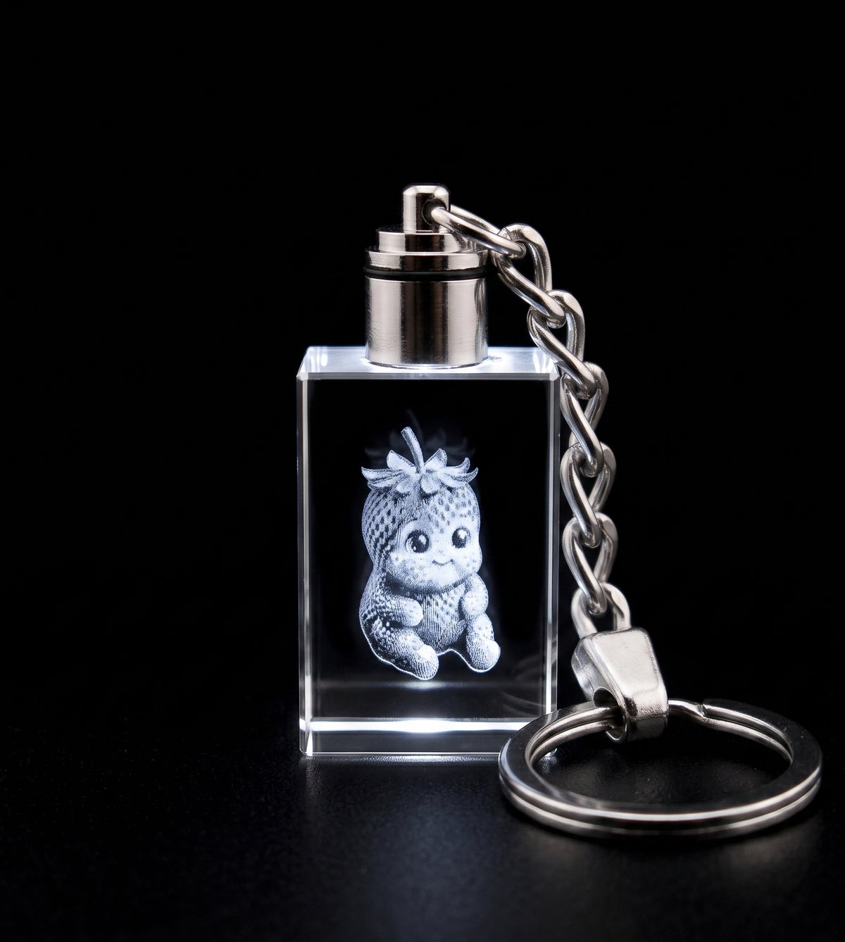 LED Light Crystal keychain, With a Strawberry Fruit Baby Engraving.