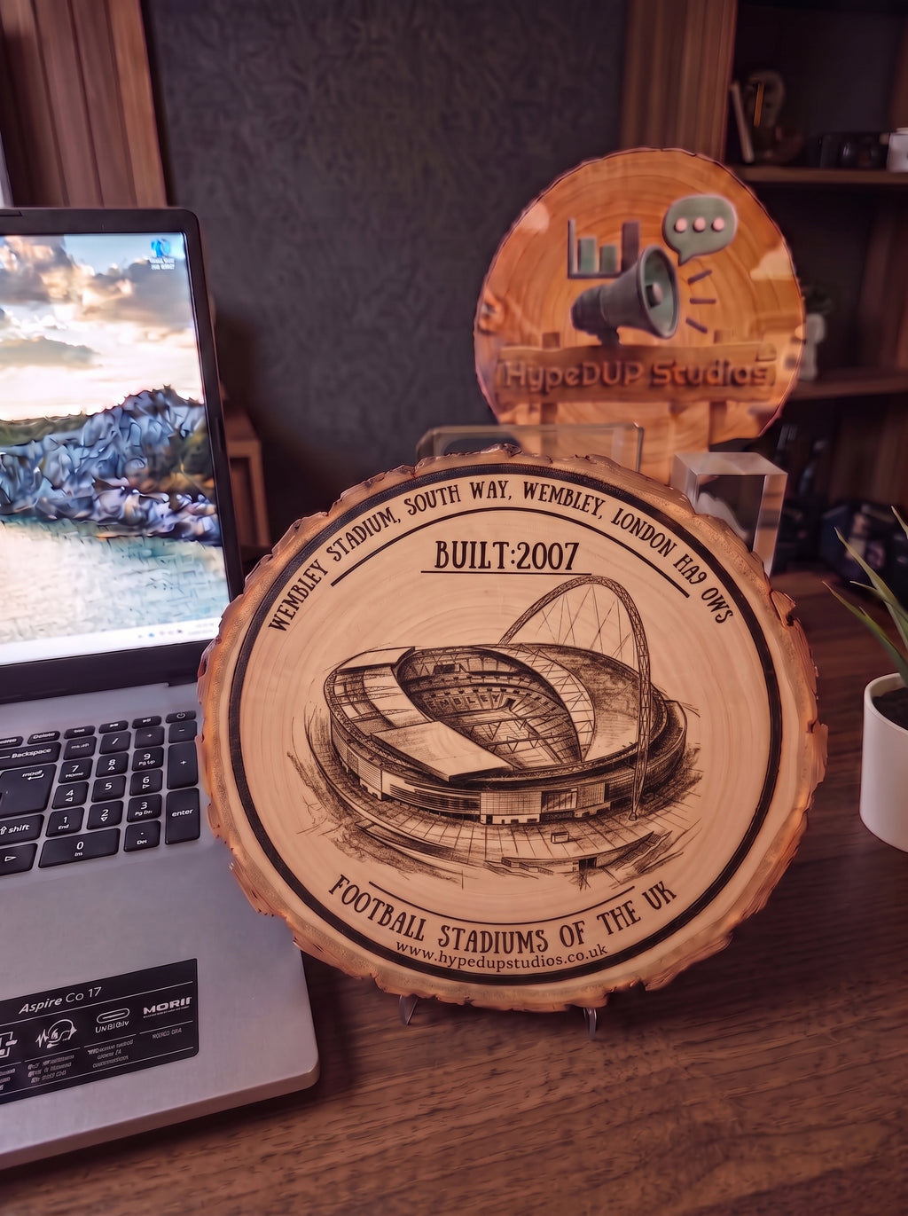 Log Slice Football Stadium (Wembley stadium) Home & Office Decor. 15cm diameter
