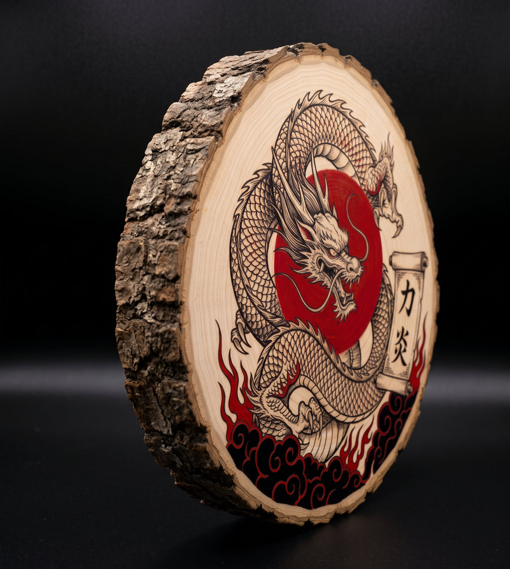 Log Slice (Dragon) Home & Office Decor. 15cm diameter