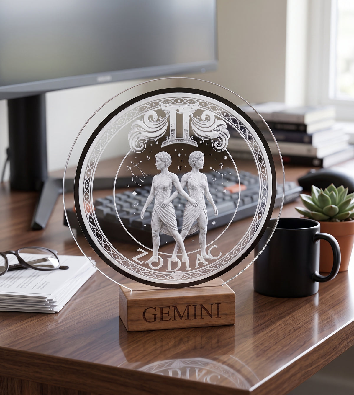 Gemini Acrylic Desktop Decor With Wood Base