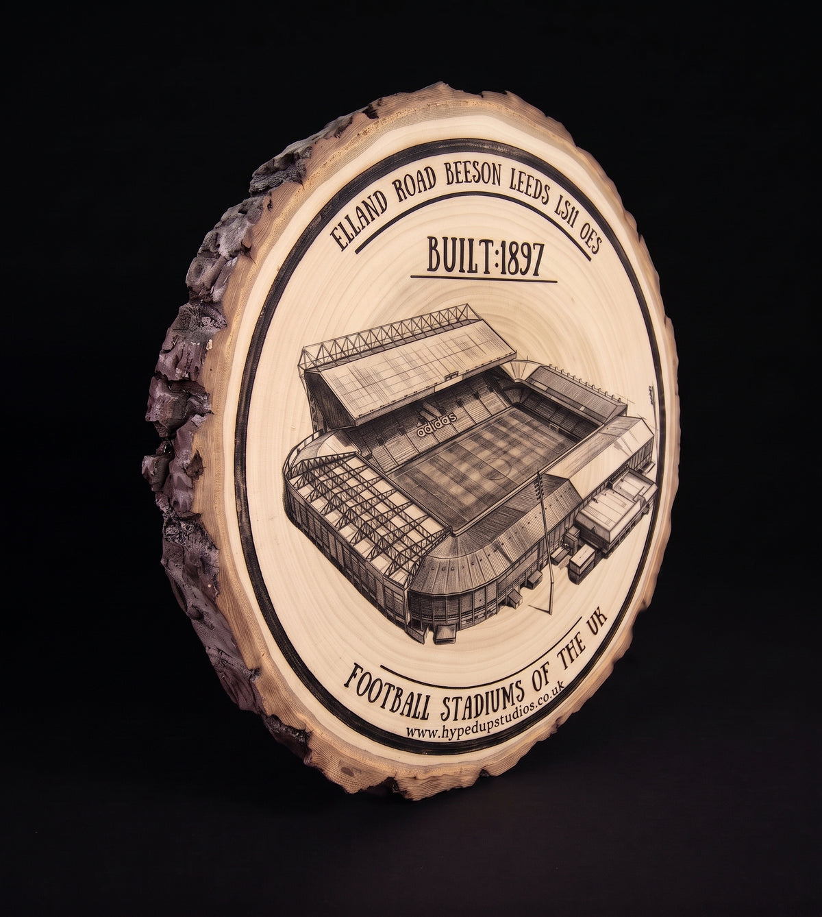 Log Slice Football Stadium (Elland Road stadium) Home & Office Decor. 15cm diameter